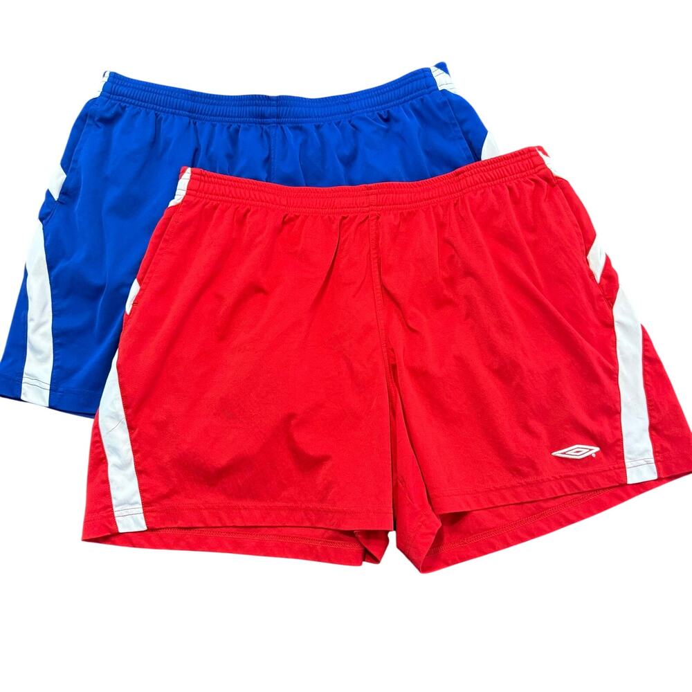 Umbro 2-pack athletic soccer shorts, cobalt blue, red, white, Size XL